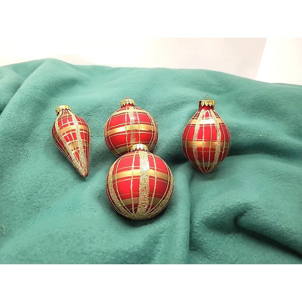 Four Red and Gold Hand‎ Painted Plaid Glass Christmas Ornaments